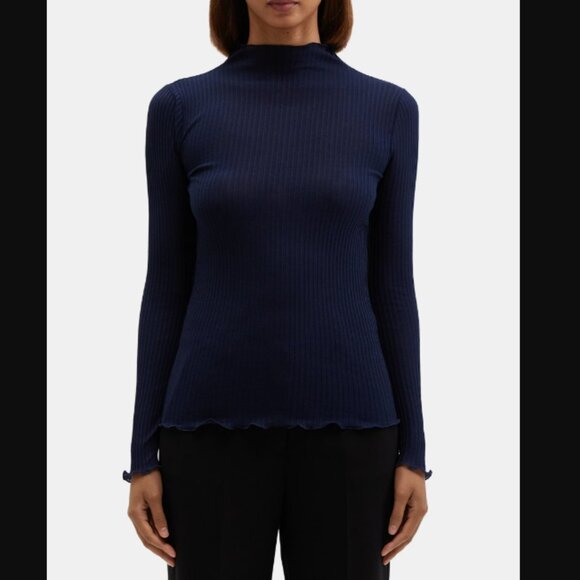 NEW THEORY Funnel Neck Tee Silk-Cotton Women TOP Long Sleeve Blouse MEDIUM - Picture 2 of 4